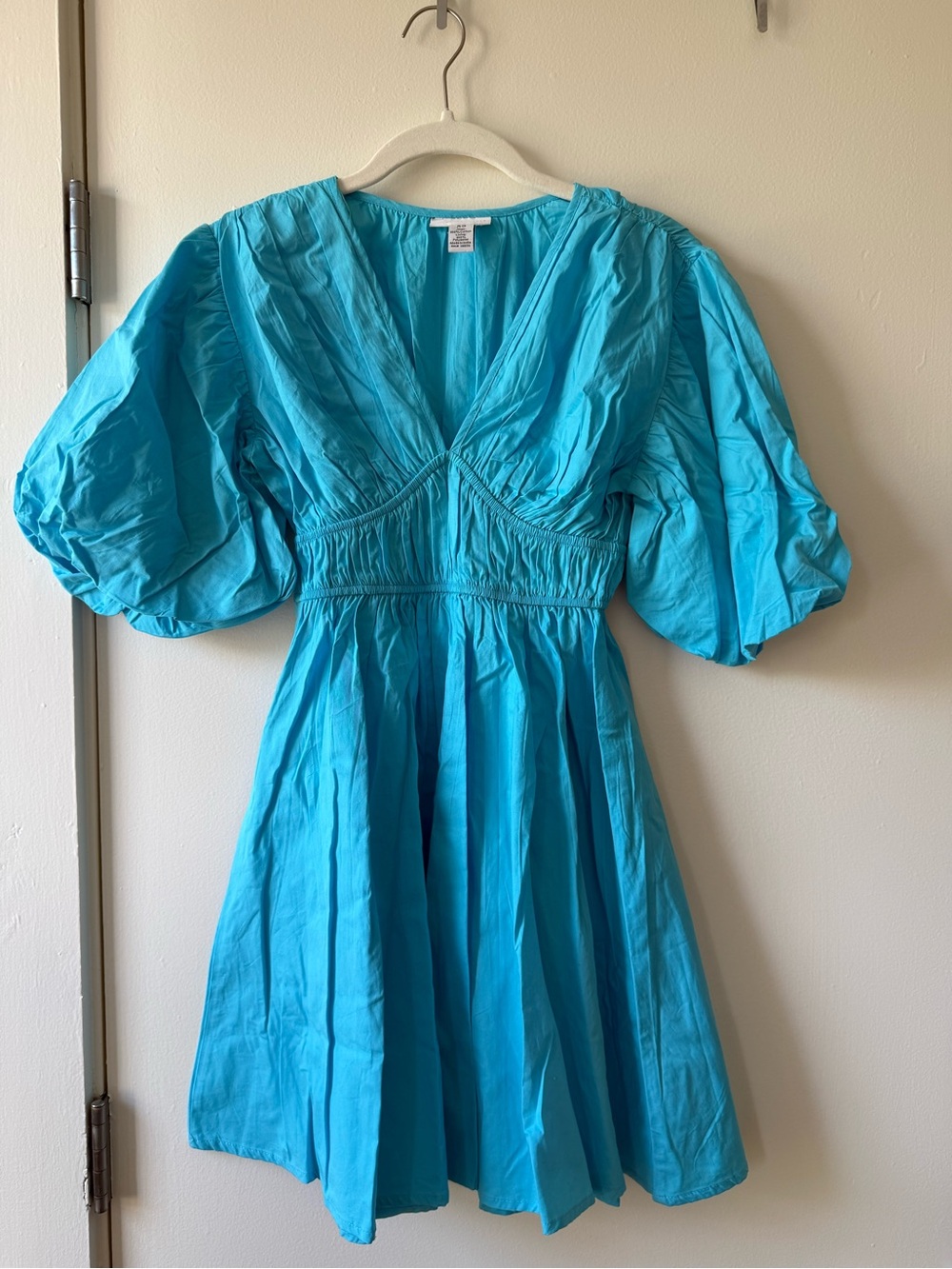 Sincerely Jules Turquoise V-Neck Mini Dress with Puff Sleeves
